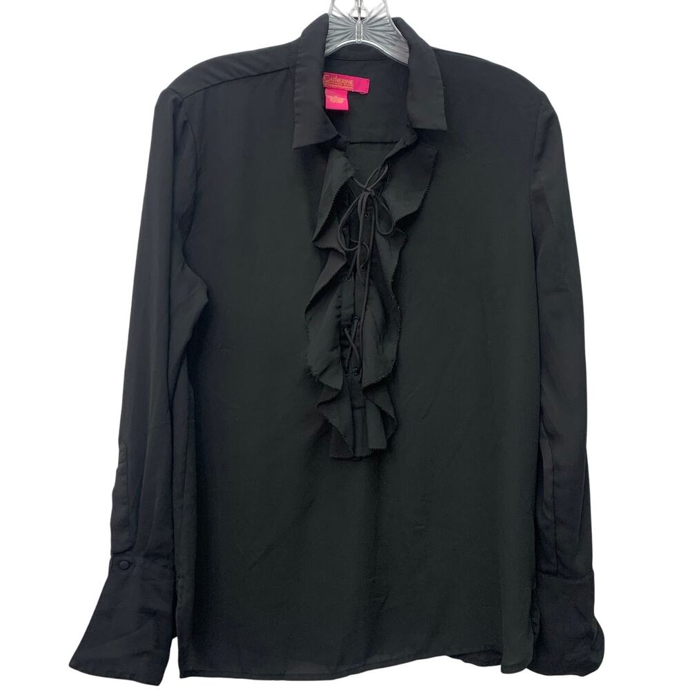 Catherine Malandrino Womens Medium Black Sheer Tie Front Ruffle Long Sleeve Top